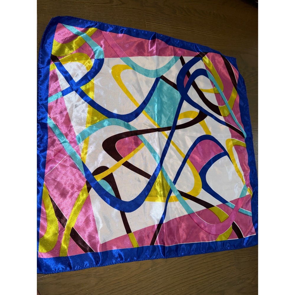 Vintage Style Abstract Geometric Satin Square Scarf Pink Blue Yellow Swirl